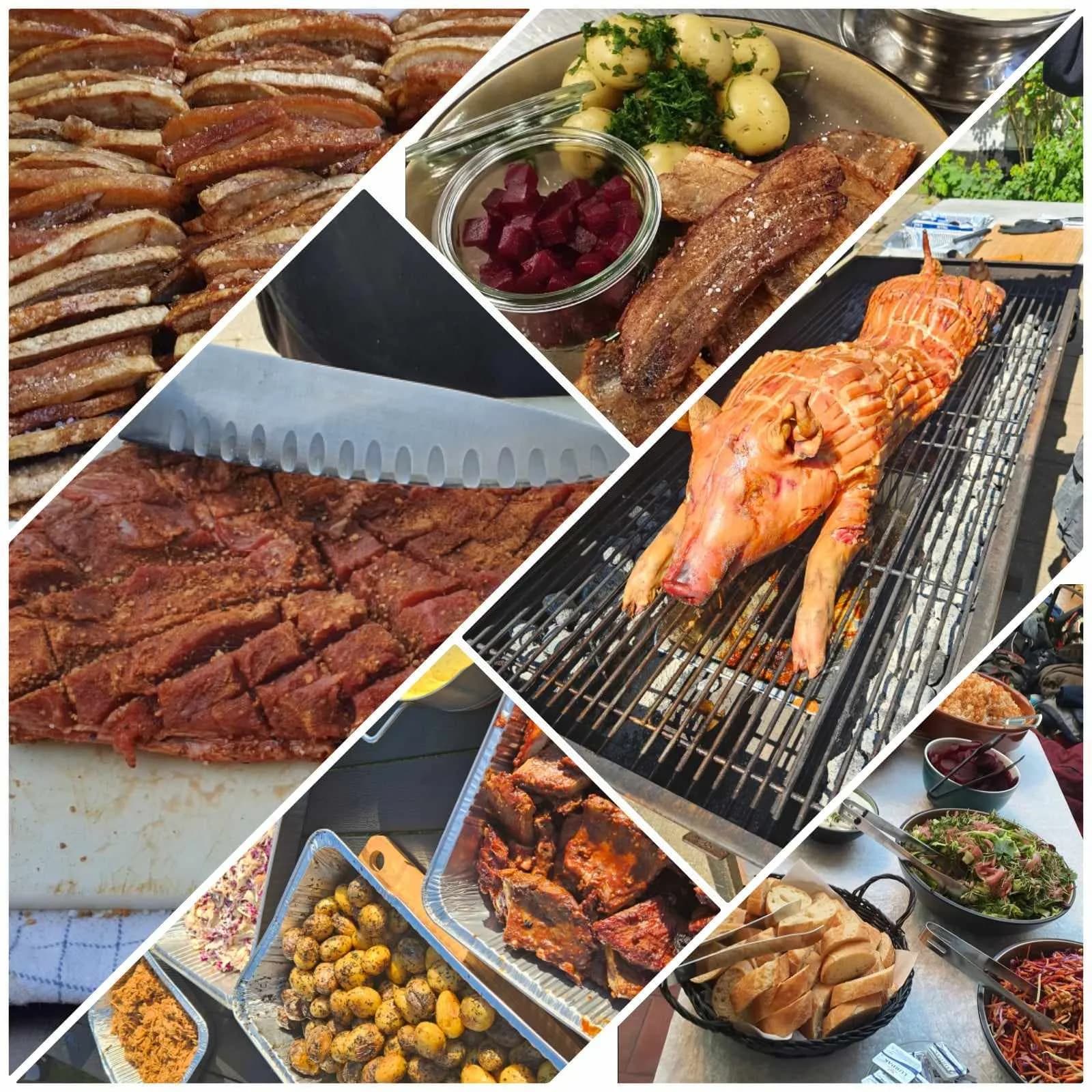 Collage: helstegt pattegris på grillen, ribben, flæsk, kartofler og salater